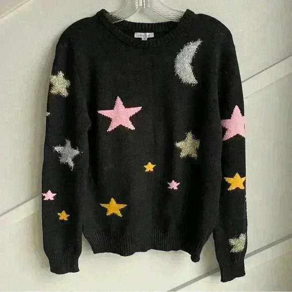 White Birch Celestial  Star Moon Multicolor Black Colorful Sweater size S - Picture 6 of 9